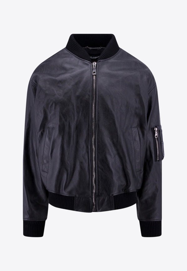 Zip-Up Leather Bomber Jacket