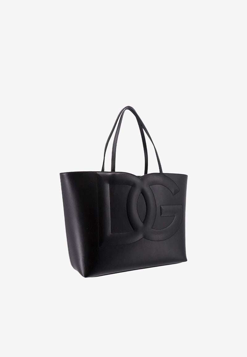Medium 3D-Effect Logo Leather Tote Bag