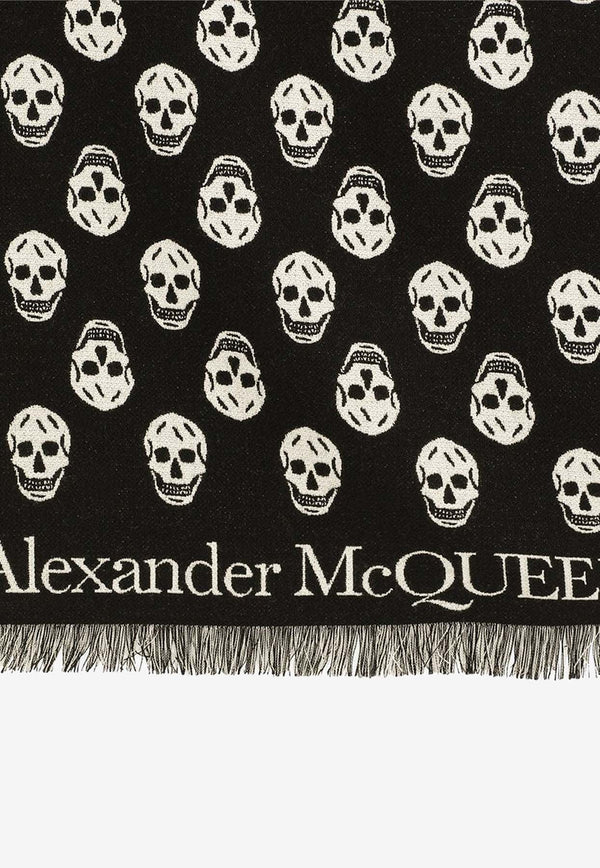 Skull Print Fringed Wool Scarf