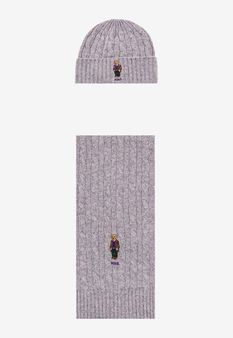 Embroidered Logo Cable-Knit Scarf and Beanie Set
