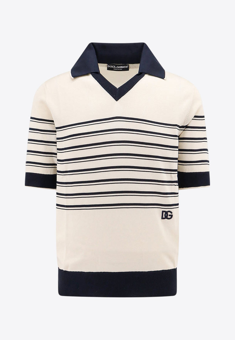 Striped Silk V-neck Polo T-shirt