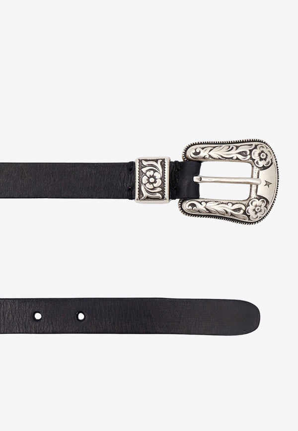 Engraved-Buckle Leather Belt