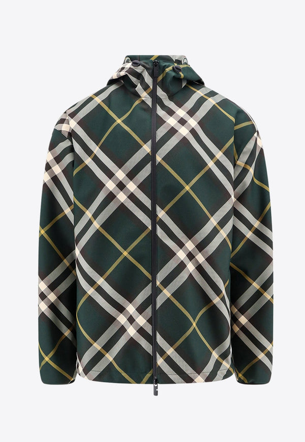 Check-Pattern Zip-Up Hooded Jacket