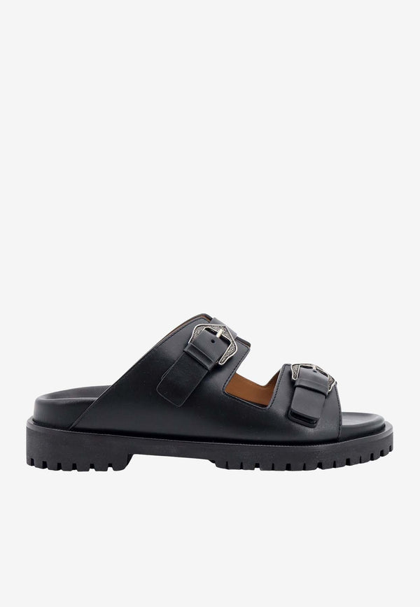 Buckle-Strap Leather Flat Sandals