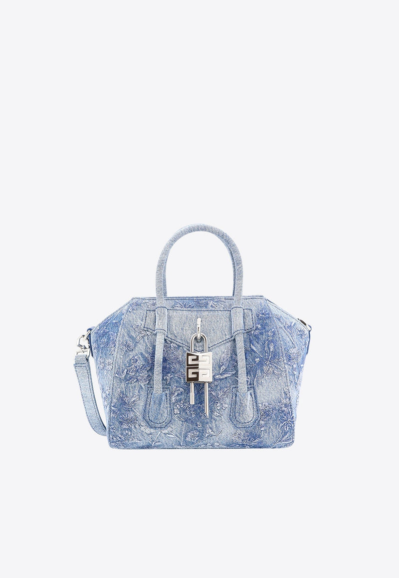 Mini Antigona Lock Embroidered Denim Handbag