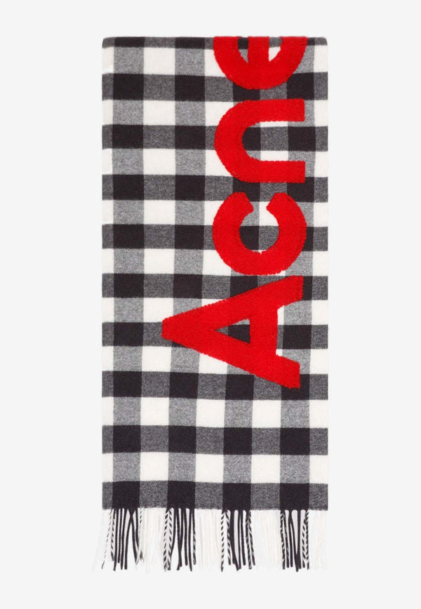 Logo Fringed Gingham Wool Scarf