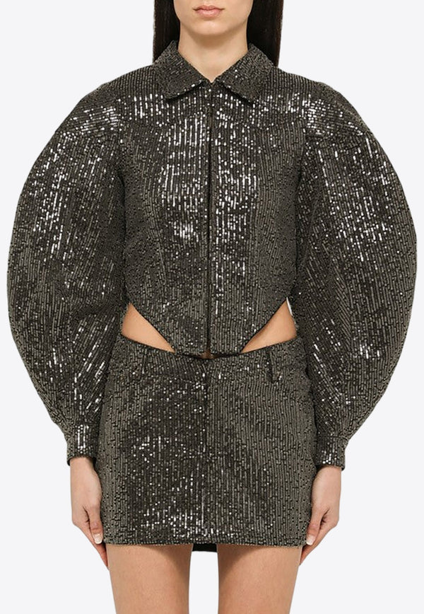 Sequined Zip-Up Puff-Sleeved Jacket