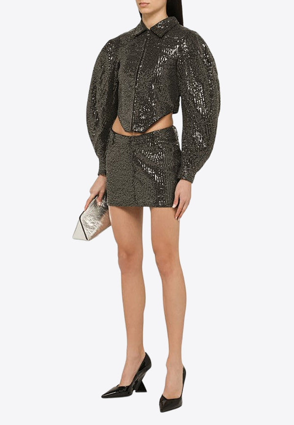 Sequined Zip-Up Puff-Sleeved Jacket