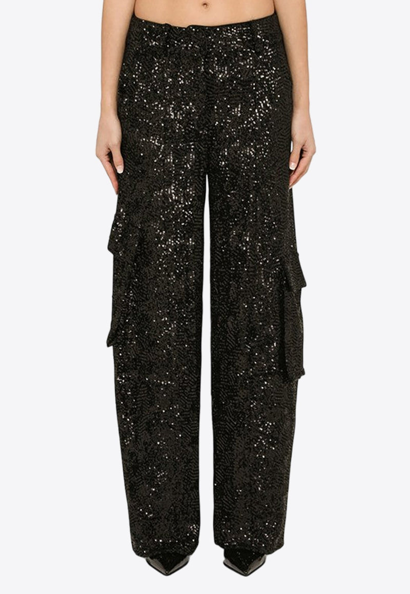 Sequined Cargo Straight-Leg Pants