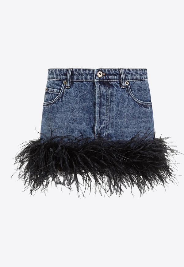 Feather-Trimmed Mini Denim Skirt