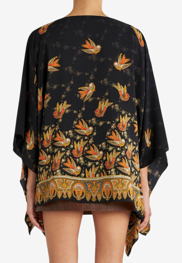 Bird Motif Silk Poncho