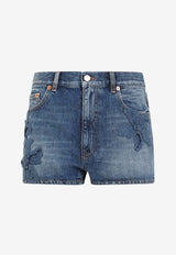 Ricamo Flower-Embroidered Denim Shorts