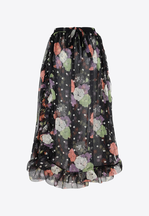 Silk Floral Polka-Dot Midi Skirt