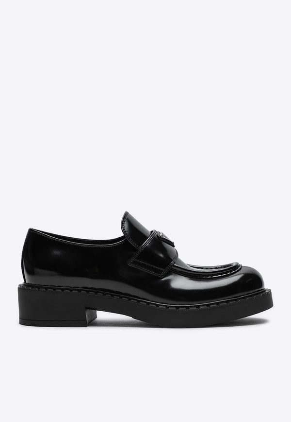 Triangle Logo Brushed Leather Loafers