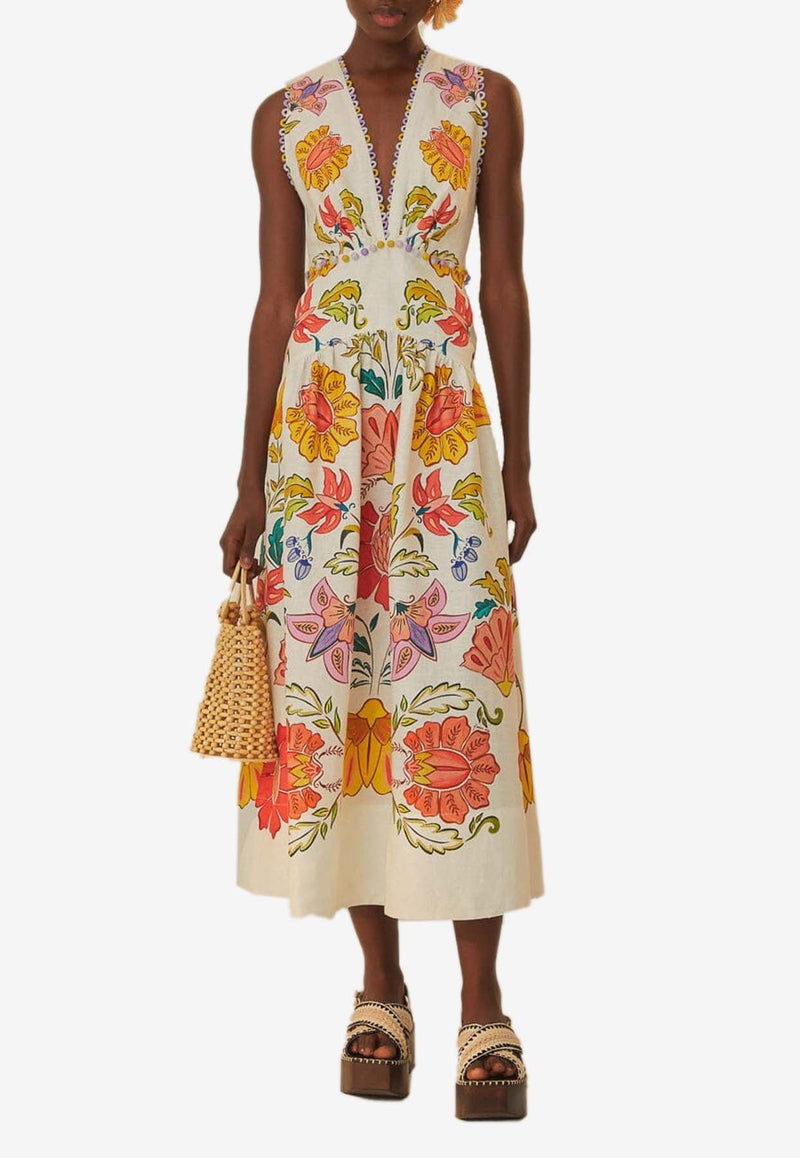 V-neck Floral Insect Print Midi Dress