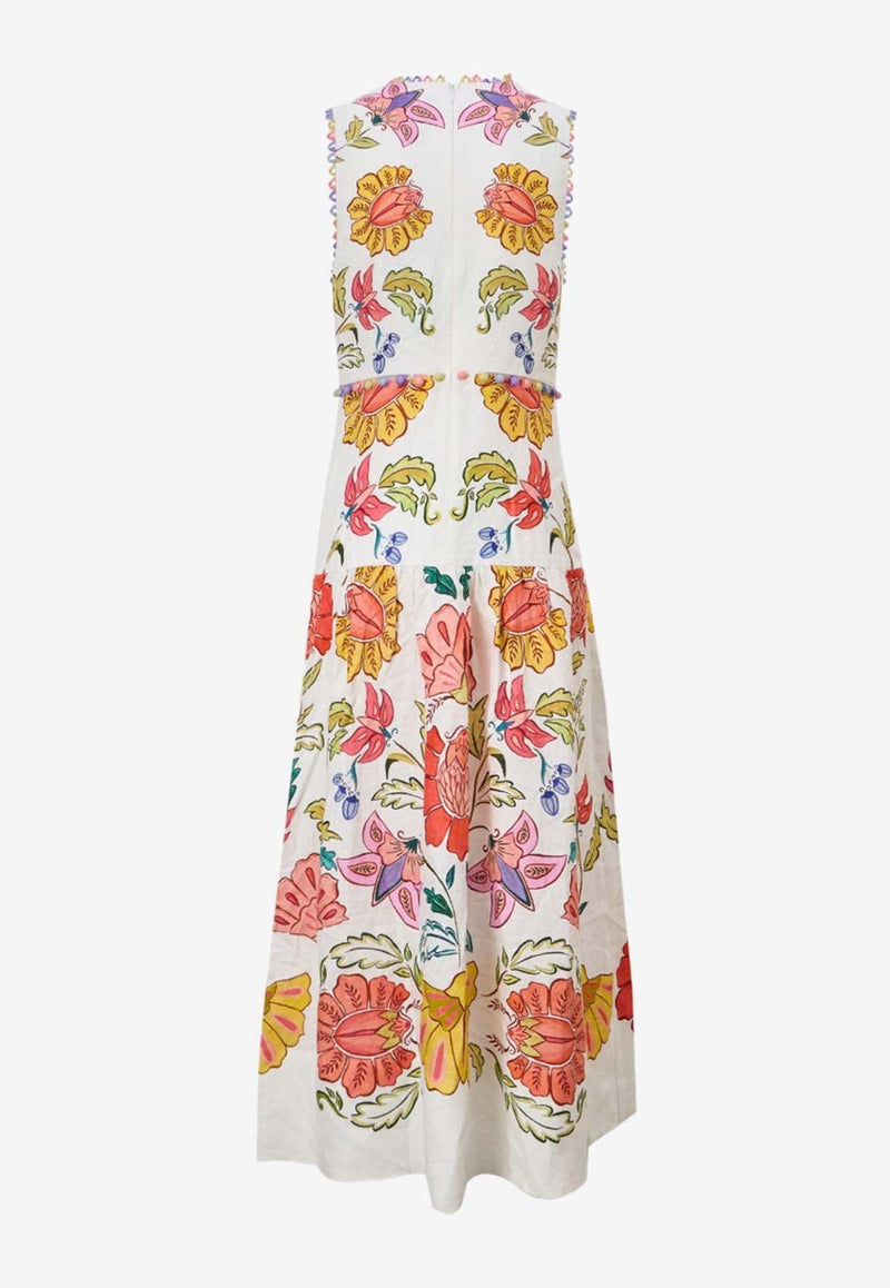 V-neck Floral Insect Print Midi Dress