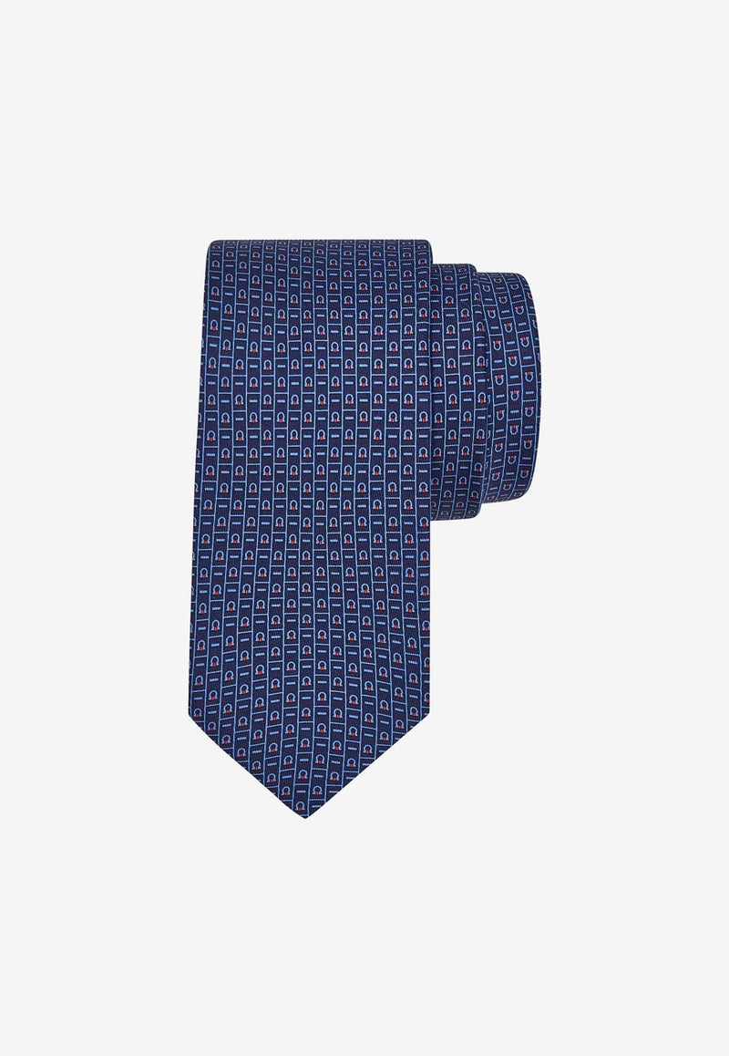 Gancini Monogram Print Silk Tie