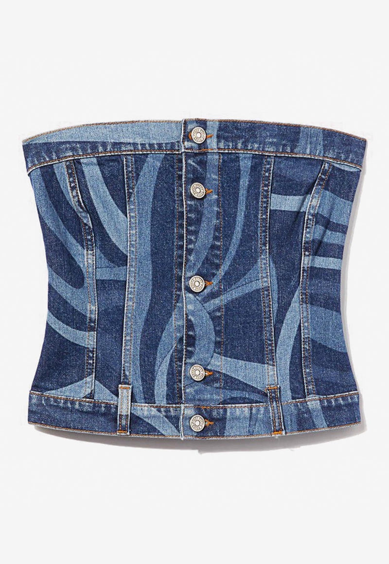 Marmo Print Strapless Denim Top