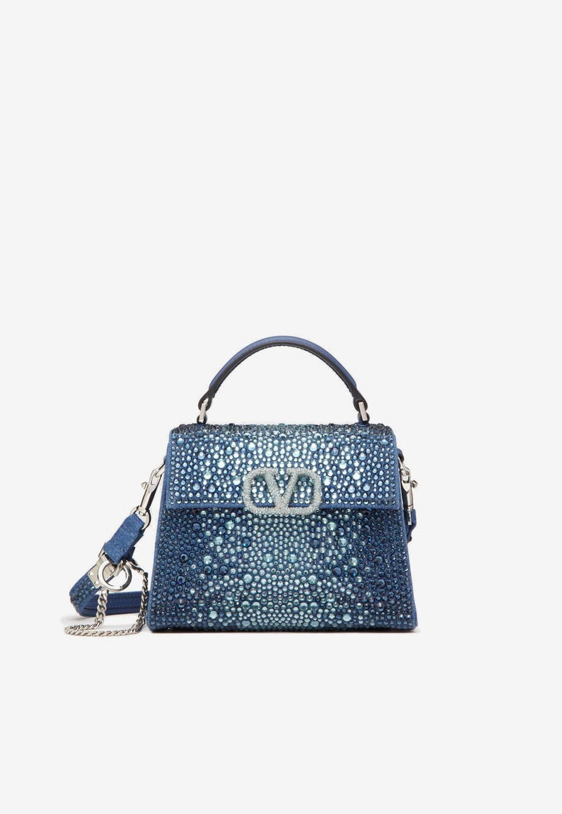 Mini VSLING Denim Top Handle Bag with Rhinestone Embellishments