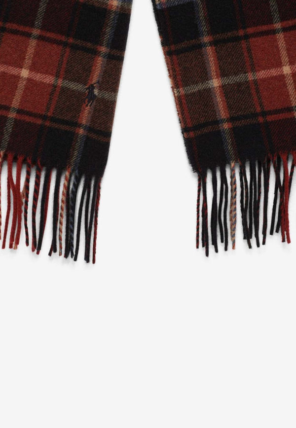 Logo Embroidered Check Pattern Wool Scarf