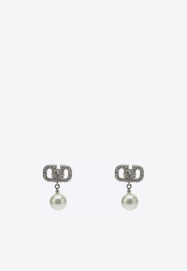 Crystal Embellished VLogo Pearl Earrings