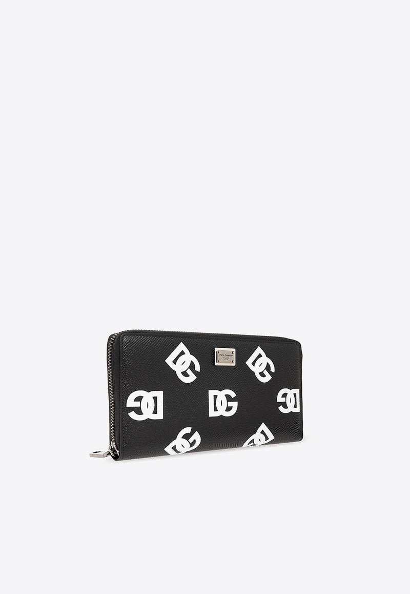 DG Logo Print Zip-Around Wallet in Grained Leather