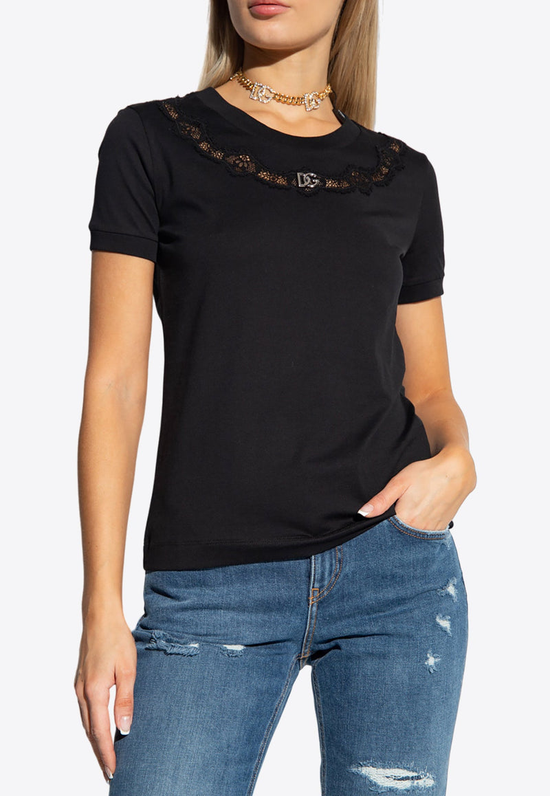 Logo Embellished T-shirt with Lace Inserts