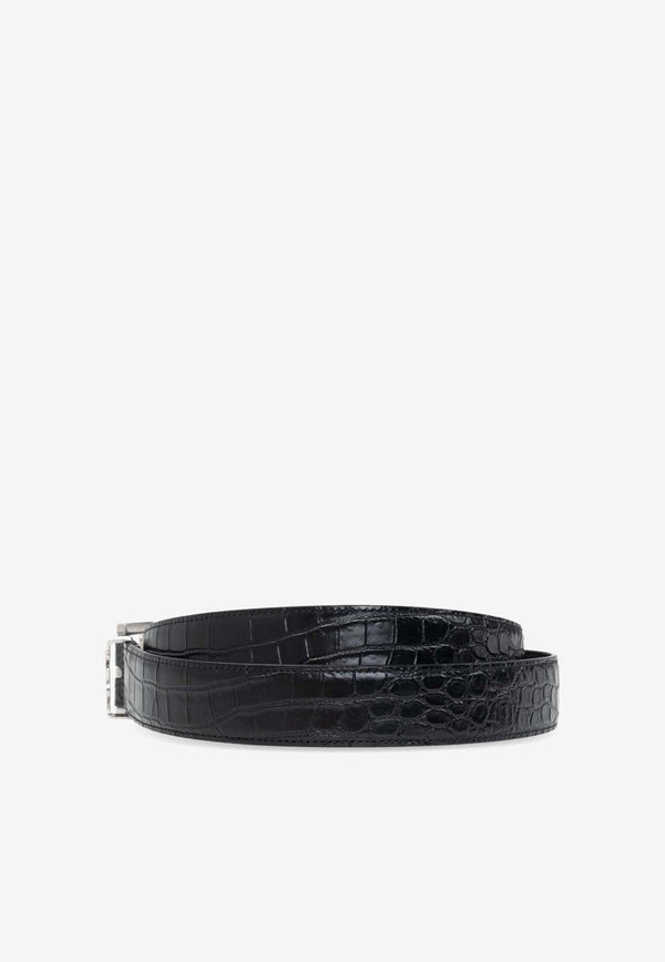 Logo Plaque Croc-Embossed Leather Belt