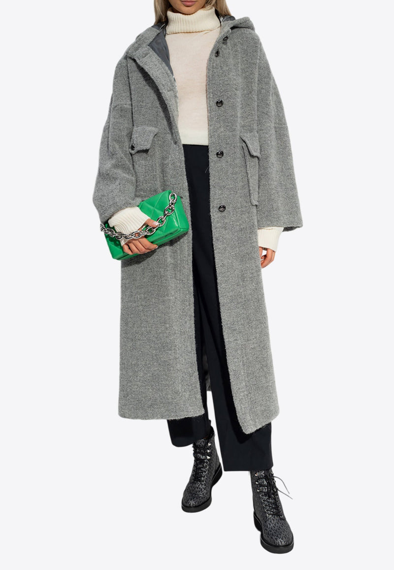 Button-Down Wool Coat with Hood