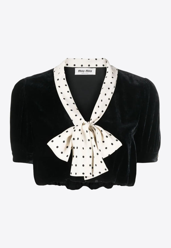 Velvet Cropped Top with Polka Dot Bow