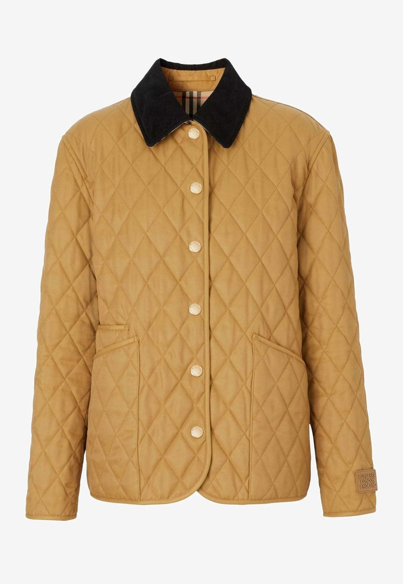 Corduroy-Collar Diamond-Quilted Jacket