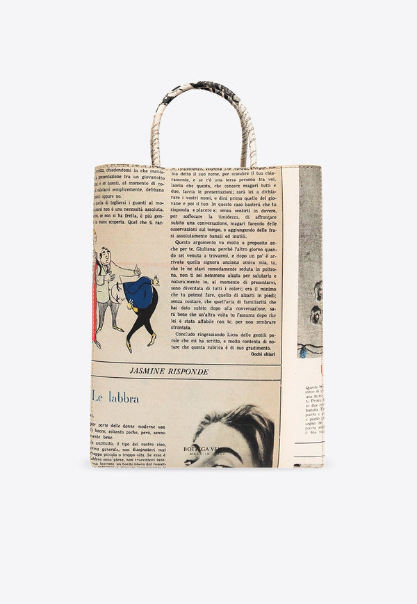 The Small Brown Tote Bag in Newspaper Print Leather