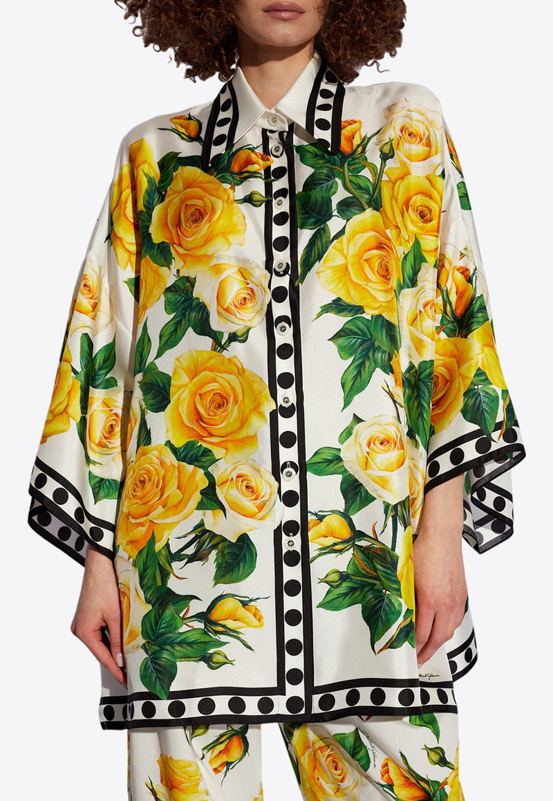 Oversized Rose-Print Silk Shirt