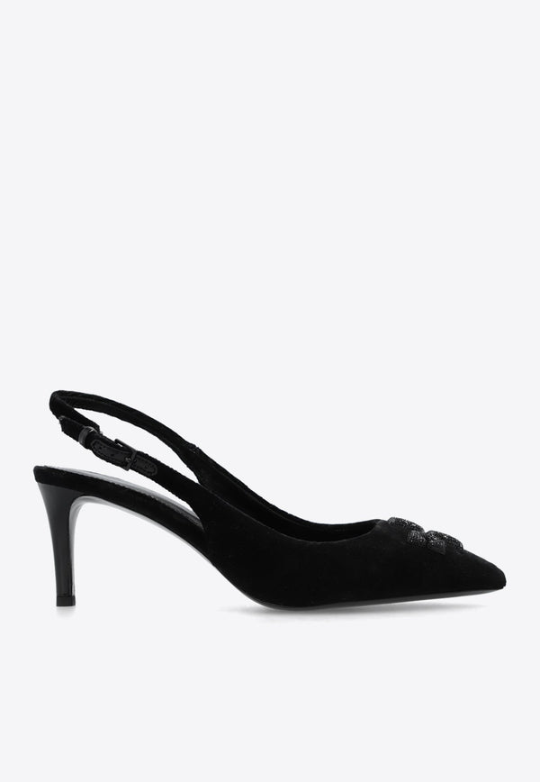 Eleanor 65 Crystal Logo Slingback Velvet Pumps