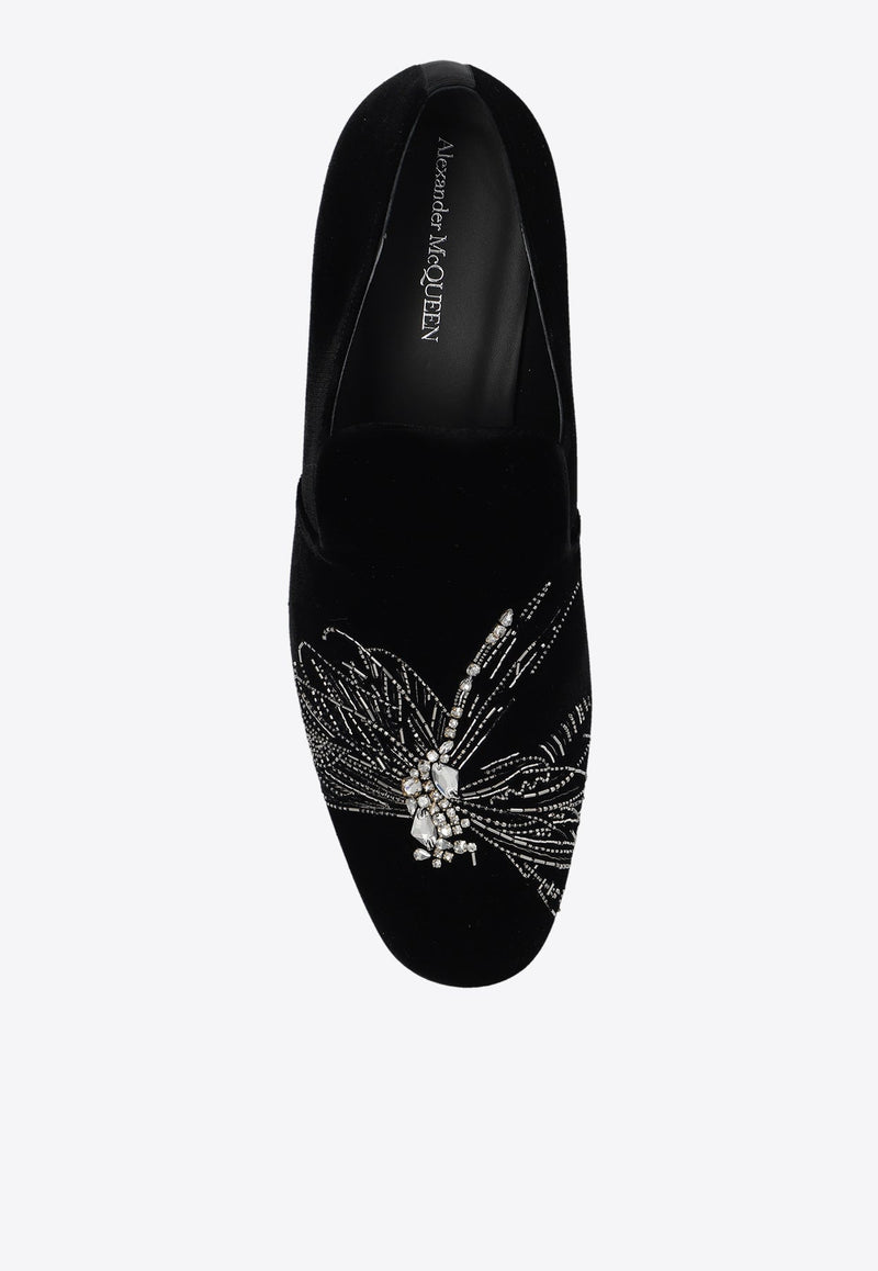 Dragonfly Embellished Velvet Loafers