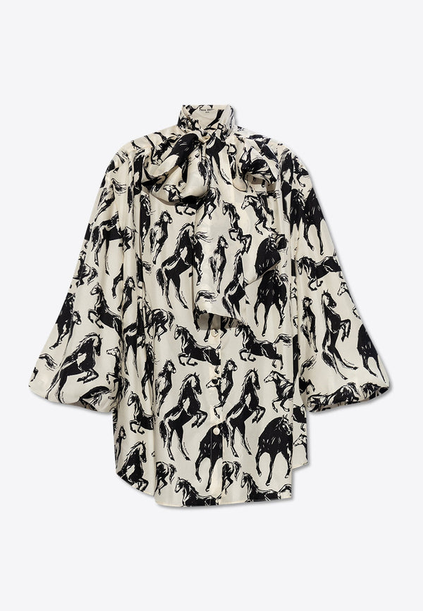 Horse Print Shirt with Tie Collar