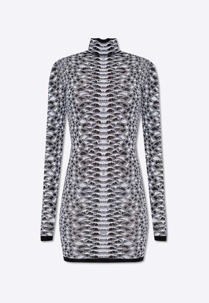 Snakeskin Textured Knit High-Neck Mini Dress