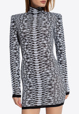 Snakeskin Textured Knit High-Neck Mini Dress