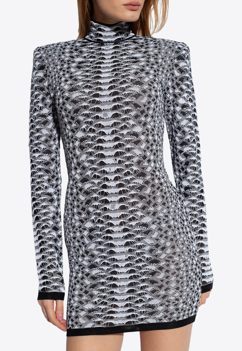 Snakeskin Textured Knit High-Neck Mini Dress