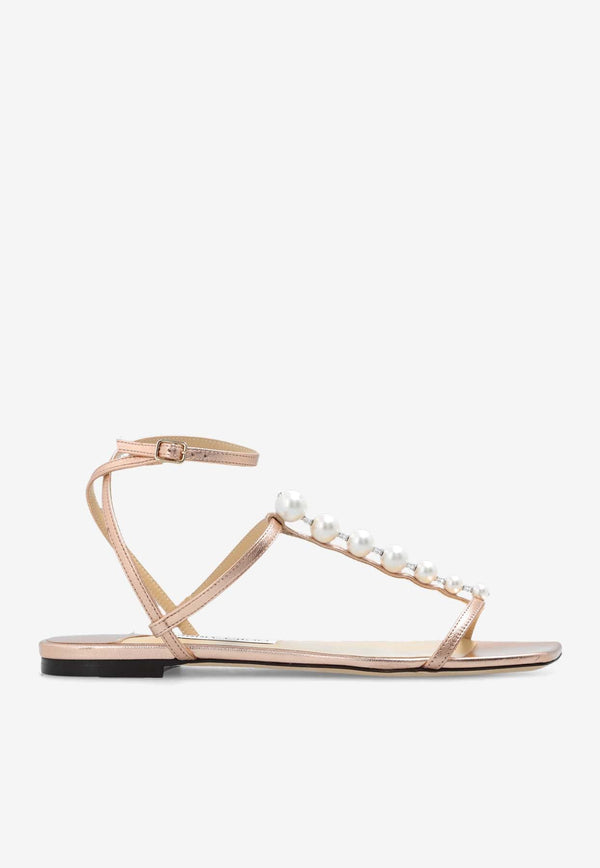 Amari Pearl Embellished  Metallic Flat Sandals
