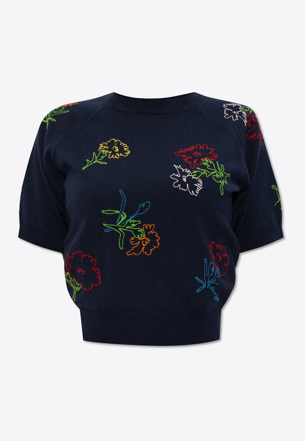 Drawn Flower Embroidered Knit Top