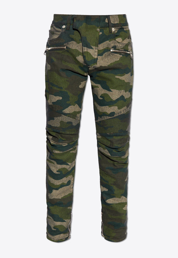 Camouflage Print Slim Biker Jeans