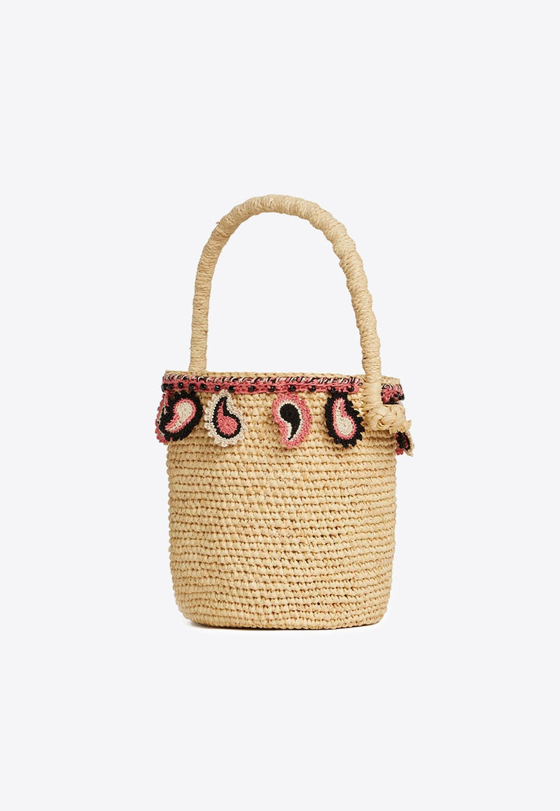 Paisley Appliqué Raffia Bucket Bag