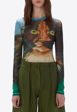 Cat Print Long-Sleeved T-shirt