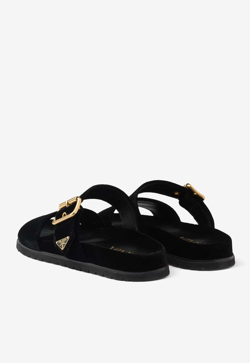 Triangle Logo Velvet Flat Sandals