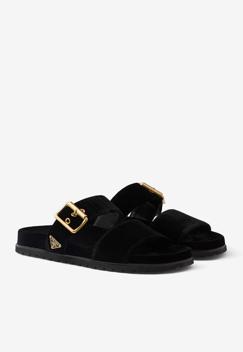 Triangle Logo Velvet Flat Sandals