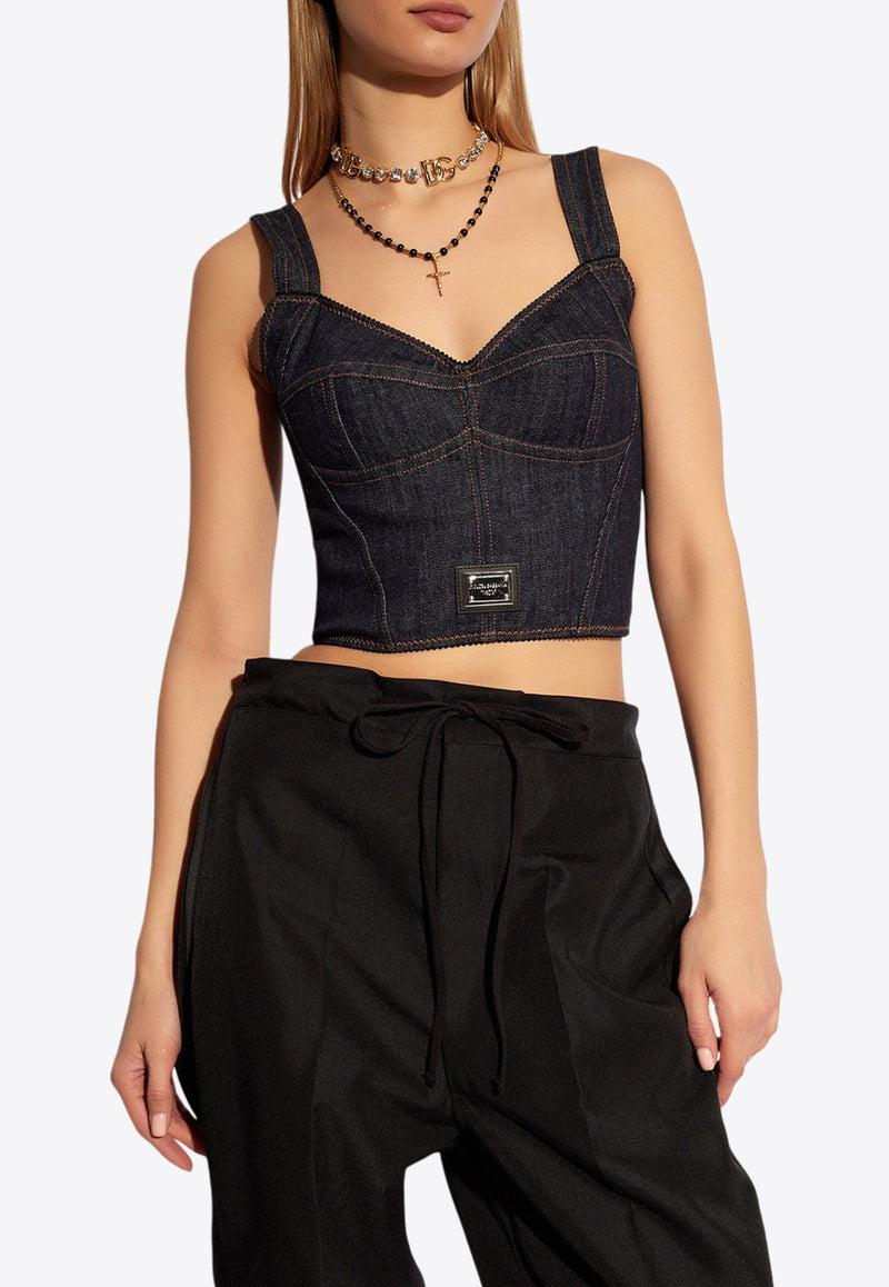 Logo Plaque Denim Corset Top