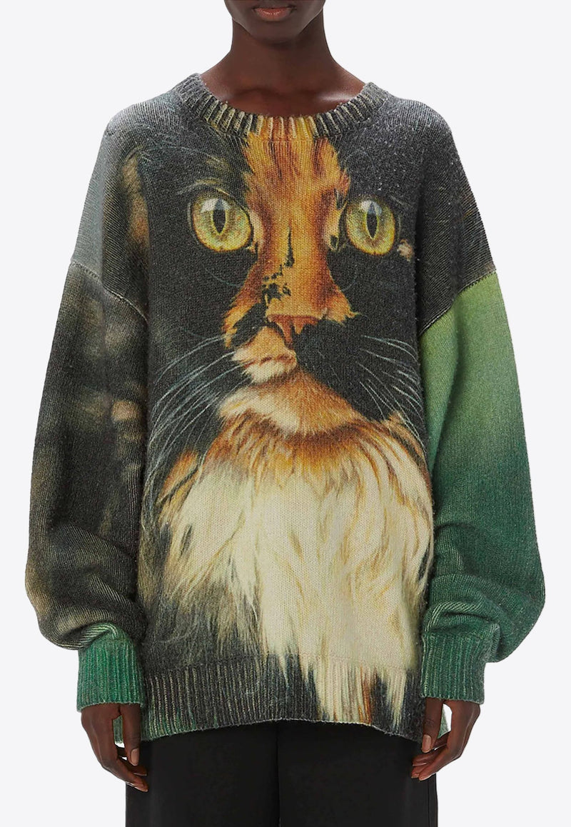 Cat Print Merino Wool Blend Sweater