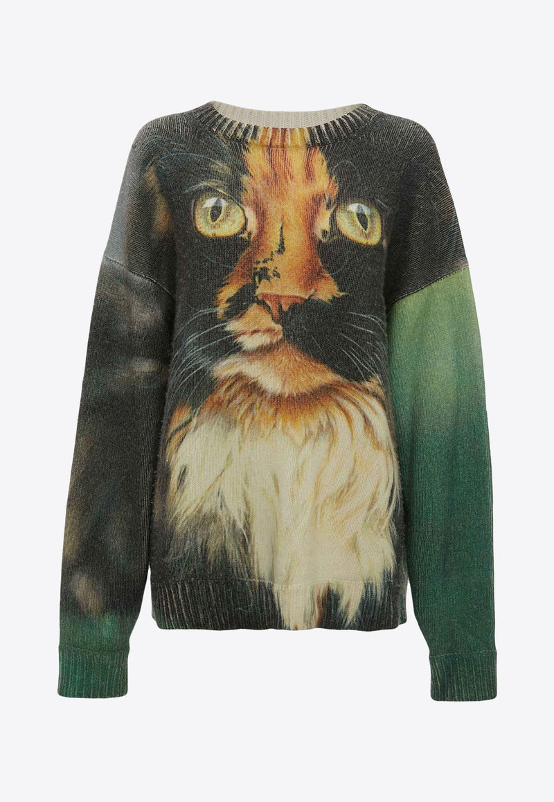 Cat Print Merino Wool Blend Sweater