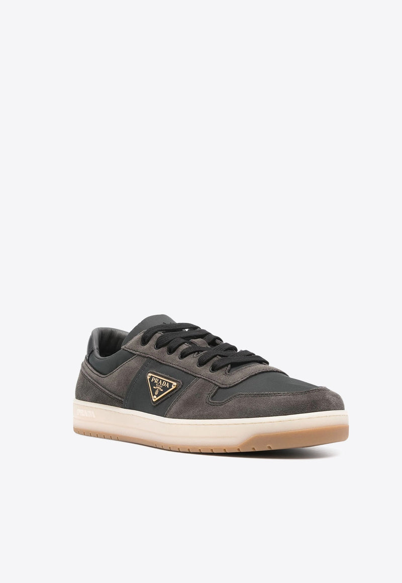 Enamel-Triangle Suede Sneakers